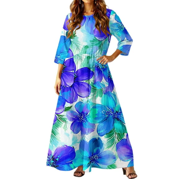 dGslk Women’s Floral Maxi Dress with 3/4 Sleeves, Lightweight Casual Loose Fit Summer Long Dress for Beach, Party, Vacation, and Daily Wear Blue C L