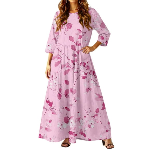 dGslk Women’s Floral Maxi Dress with 3/4 Sleeves, Lightweight Casual Loose Fit Summer Long Dress for Beach, Party, Vacation, and Daily Wear Pink E L