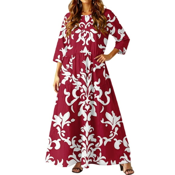 dGslk Women’s Floral Maxi Dress with 3/4 Sleeves, Lightweight Casual Loose Fit Summer Long Dress for Beach, Party, Vacation, and Daily Wear Red A M