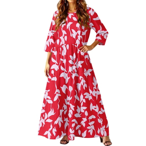 dGslk Women’s Floral Maxi Dress with 3/4 Sleeves, Lightweight Casual Loose Fit Summer Long Dress for Beach, Party, Vacation, and Daily Wear Red C 2XL