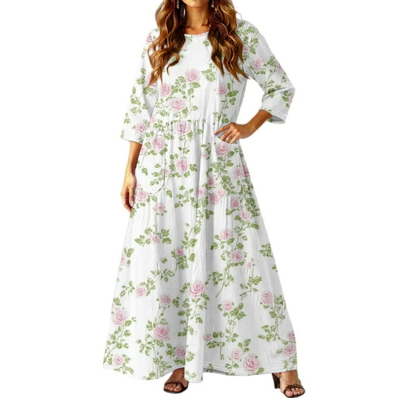 dGslk Women’s Floral Maxi Dress with 3/4 Sleeves, Lightweight Casual Loose Fit Summer Long Dress for Beach, Party, Vacation, and Daily Wear White 2XL