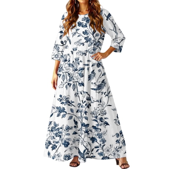 dGslk Women’s Floral Maxi Dress with 3/4 Sleeves, Lightweight Casual Loose Fit Summer Long Dress for Beach, Party, Vacation, and Daily Wear White A L