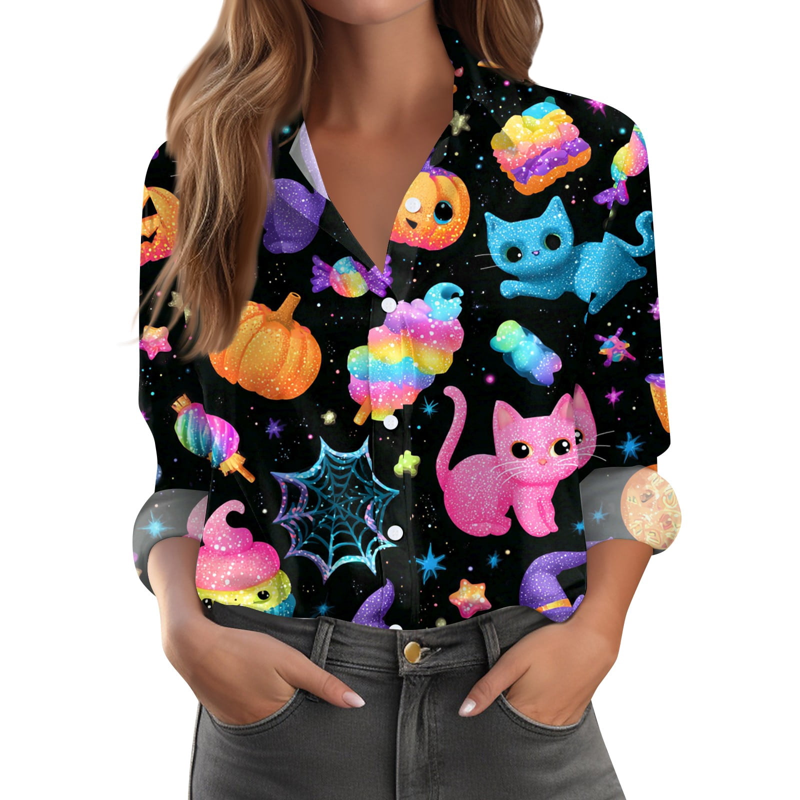 dGslk Women’s Halloween Button Down Shirt Cute Ghost Pumpkin Rainbow ...