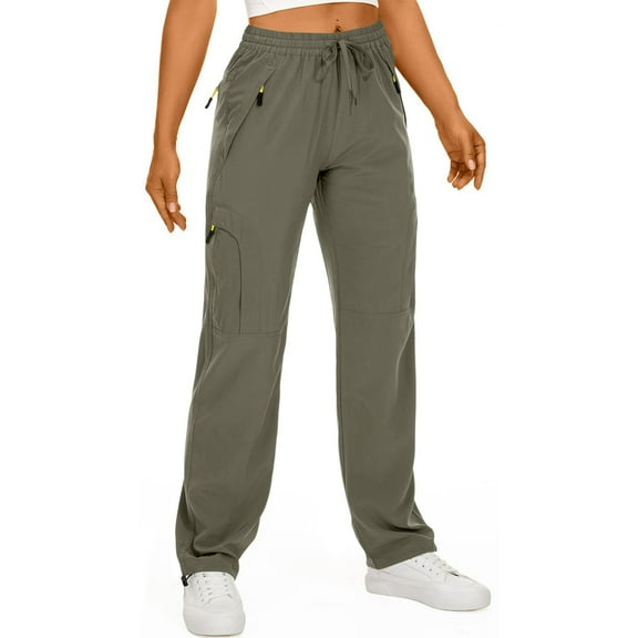 dGslk Women's Hiking Pants Waterproof Sweatpant Elastic Waist Zipper Multi-Pocket Casual Sports Trouser Army Green XL