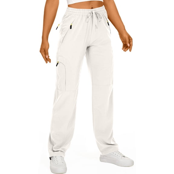 dGslk Women's Hiking Pants Waterproof Sweatpant Elastic Waist Zipper Multi-Pocket Casual Sports Trouser White M
