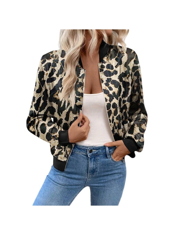 Women’s Leopard Print Bomber Jacket – Casual Lightweight Zip-Up Long Sleeve Fashion Outerwear for Spring and Fall Style Khaki L