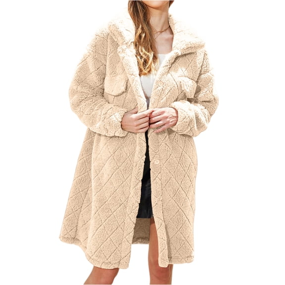 dGslk Women’s Long Fleece Coat with Quilted Design Button Closure Lapel Collar and Side Pockets for Autumn Winter Wear Beige XL
