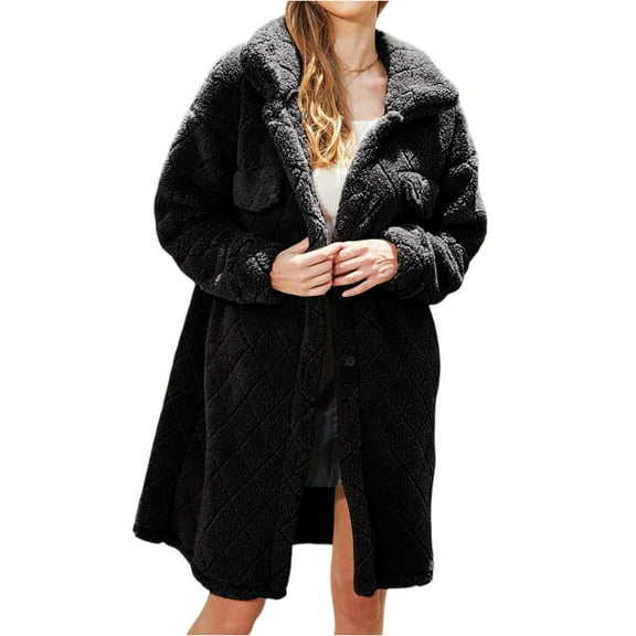 dGslk Women’s Long Fleece Coat with Quilted Design Button Closure Lapel Collar and Side Pockets for Autumn Winter Wear Black M