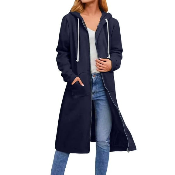 dGslk Women’s Long Hooded Zip Up Coat Full Length Casual Loose Fit Jacket with Drawstring and Pockets for Daily Wear Navy L