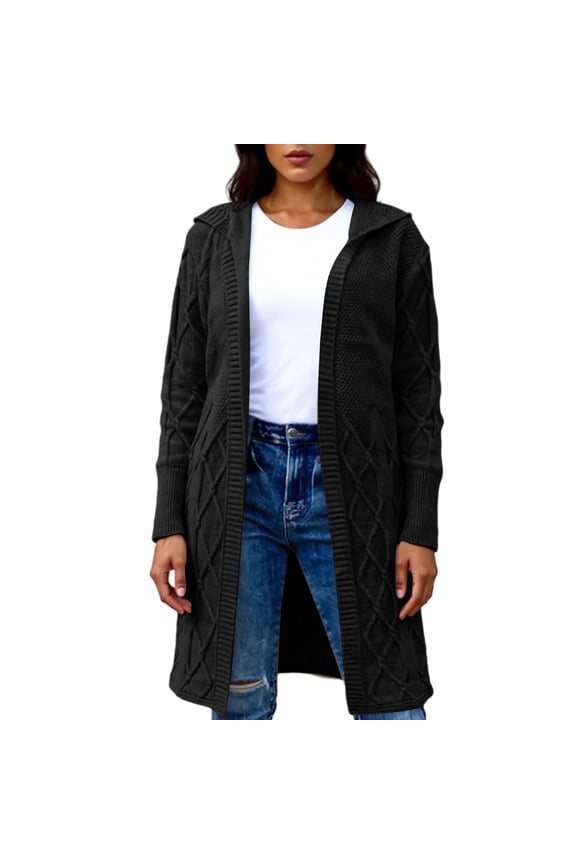 Women’s Long Knit Hooded Open Front Cardigan Lightweight Casual Sweater Duster with Ribbed Hem and Cable Pattern for Layering Black XL