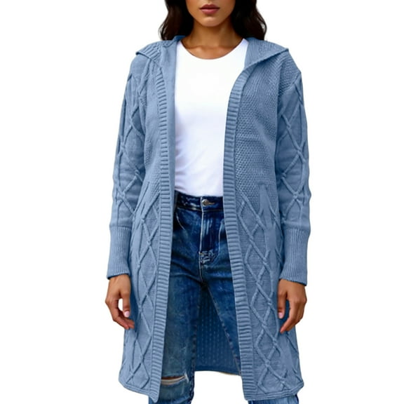 dGslk Women’s Long Knit Hooded Open Front Cardigan Lightweight Casual Sweater Duster with Ribbed Hem and Cable Pattern for Layering Blue L