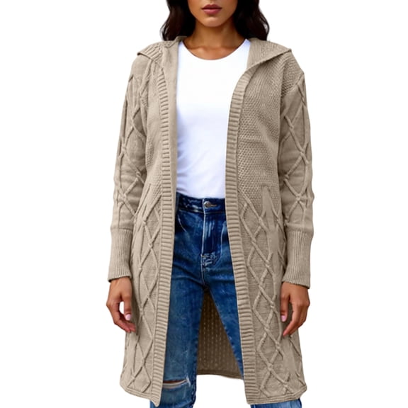 dGslk Women’s Long Knit Hooded Open Front Cardigan Lightweight Casual Sweater Duster with Ribbed Hem and Cable Pattern for Layering Khaki S