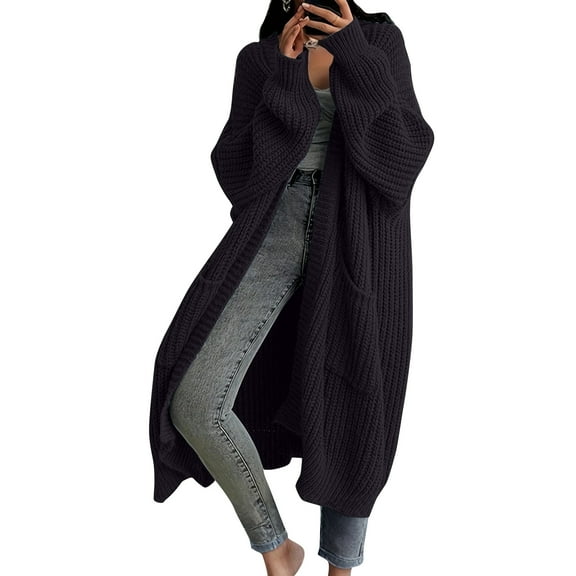 dGslk Women's Long Open Front Chunky Knit Cardigan Sweater with Pockets Cozy Oversized Fall Winter Outerwear Black L