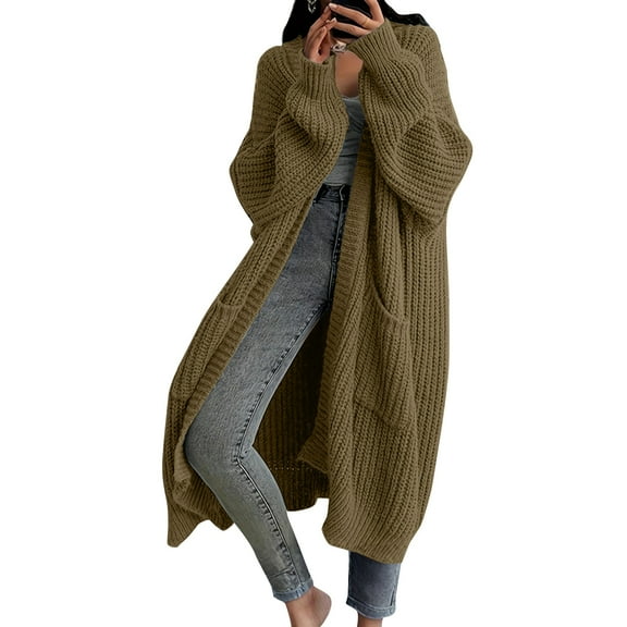 dGslk Women's Long Open Front Chunky Knit Cardigan Sweater with Pockets Cozy Oversized Fall Winter Outerwear Khaki XL