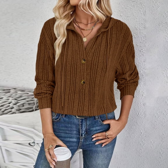 dGslk Women’s Long Sleeve Button Down Ribbed Knit Pullover Sweater Casual V Neck Soft Lightweight Top for Fall Winter Coffee 2XL
