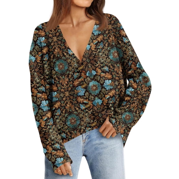 dGslk Women’s Long Sleeve Deep V Neck Floral Print Knit Pullover Sweater Loose Fit Casual Lightweight Top for Daily Wear Navy S