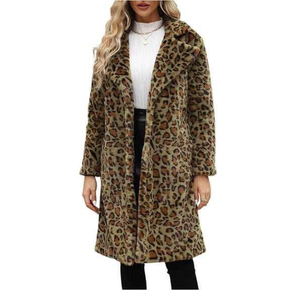 dGslk Women’s Long Sleeve Faux Fur Leopard Print Open Front Coat Mid Length Warm Outerwear Jacket with Pockets and Hood Green L