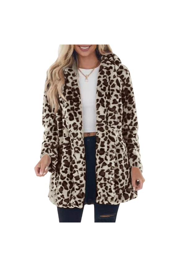 Women’s Long Sleeve Faux Fur Leopard Print Open Front Hooded Coat Casual Loose Fit Outerwear Jacket for Winter Fall Beige 3XL