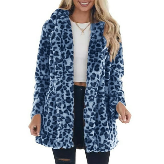 dGslk Women’s Long Sleeve Faux Fur Leopard Print Open Front Hooded Coat Casual Loose Fit Outerwear Jacket for Winter Fall Blue L