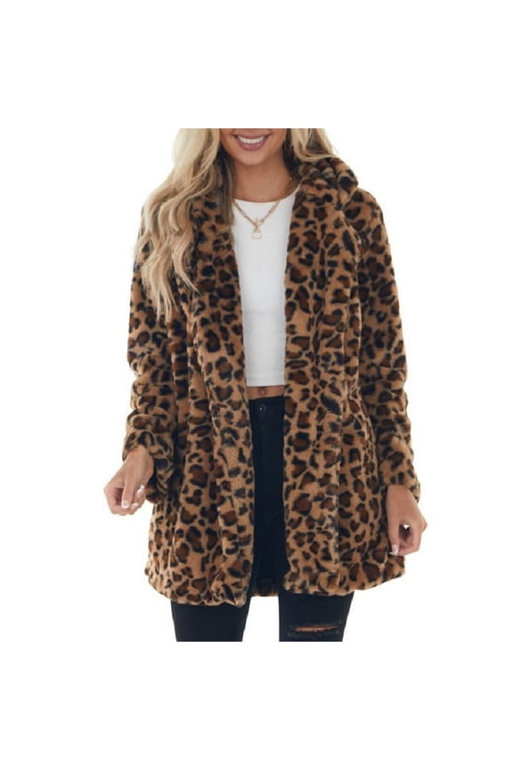 Women’s Long Sleeve Faux Fur Leopard Print Open Front Hooded Coat Casual Loose Fit Outerwear Jacket for Winter Fall Brown 2XL