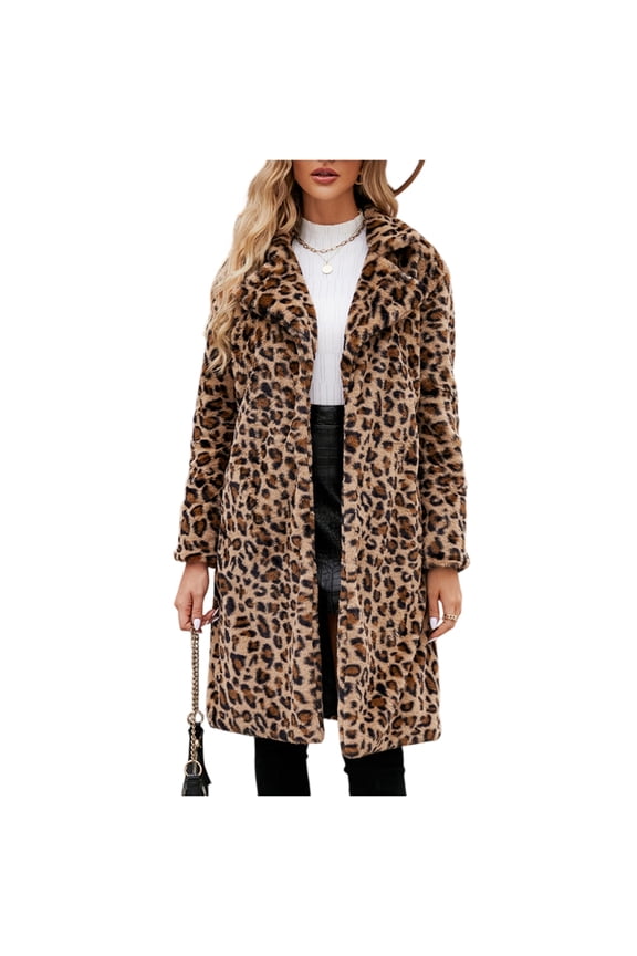 Women’s Long Sleeve Faux Fur Leopard Print Open Front Hooded Winter Warm Coat Outerwear Jacket for Casual Daily Wear Brown XL