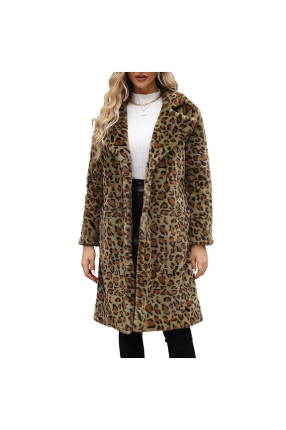 Women’s Long Sleeve Faux Fur Leopard Print Open Front Hooded Winter Warm Coat Outerwear Jacket for Casual Daily Wear Green XL