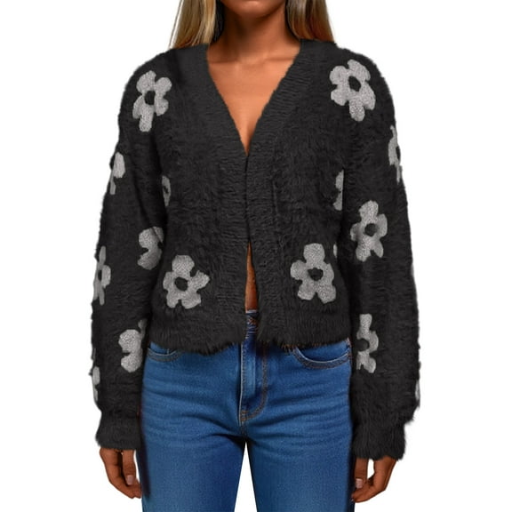 dGslk Women’s Long Sleeve Fluffy Knit Cardigan with Floral Pattern Open Front Soft Lightweight Sweater for Casual Wear Black S