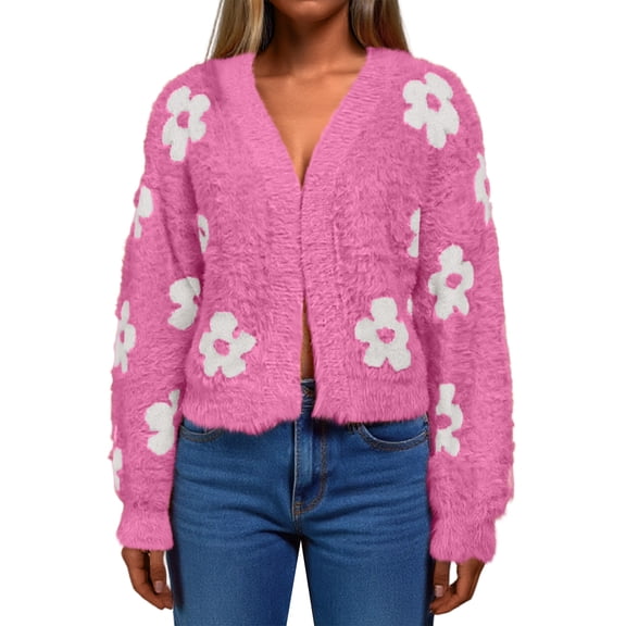 dGslk Women’s Long Sleeve Fluffy Knit Cardigan with Floral Pattern Open Front Soft Lightweight Sweater for Casual Wear Hot Pink L