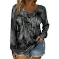 thumbnail image 1 of dGslk Women’s Long Sleeve Lace Up V Neck Casual Tie Dye Pullover Top Loose Fit Lightweight Shirt for Spring and Fall Black 2XL, 1 of 5