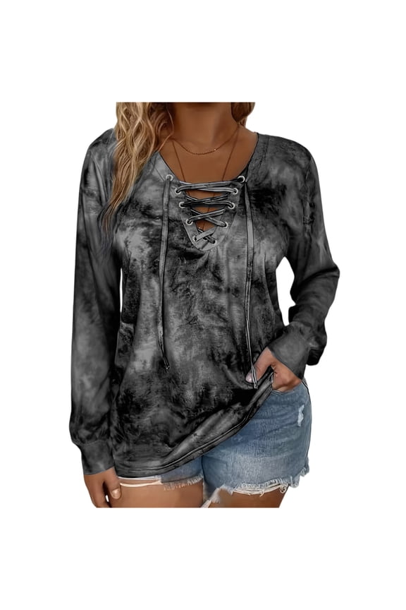 Women’s Long Sleeve Lace Up V Neck Casual Tie Dye Pullover Top Loose Fit Lightweight Shirt for Spring and Fall Black 2XL