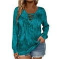 thumbnail image 1 of dGslk Women’s Long Sleeve Lace Up V Neck Casual Tie Dye Pullover Top Loose Fit Lightweight Shirt for Spring and Fall Cyan 3XL, 1 of 5
