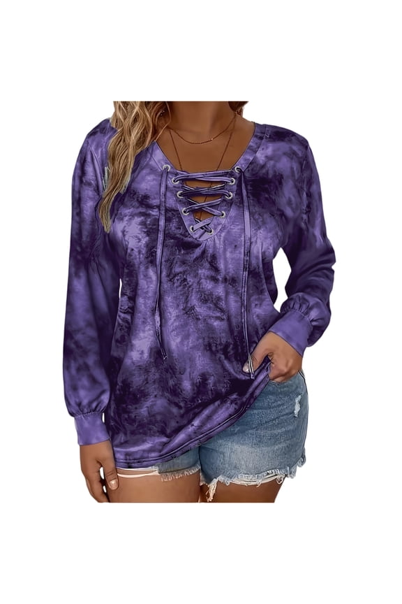 Women’s Long Sleeve Lace Up V Neck Casual Tie Dye Pullover Top Loose Fit Lightweight Shirt for Spring and Fall Purple 2XL