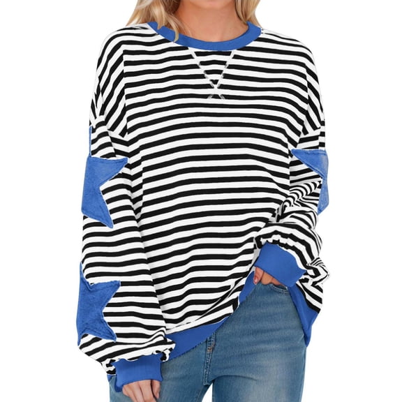 dGslk Women’s Long Sleeve Striped Crewneck Pullover Sweatshirt with Star Patchwork Loose Fit Casual Top for Daily Wear Blue L