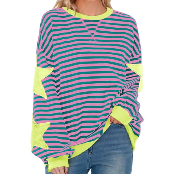 dGslk Women’s Long Sleeve Striped Crewneck Pullover Sweatshirt with Star Patchwork Loose Fit Casual Top for Daily Wear Pink L