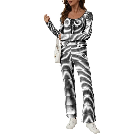 dGslk Women’s Long Sleeve Striped Knit Top and Flare Pants Two Piece Outfit Set Casual Stretchy Loungewear for Everyday Wear Black M