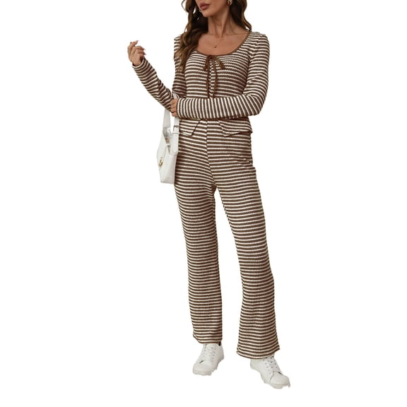 dGslk Women’s Long Sleeve Striped Knit Top and Flare Pants Two Piece Outfit Set Casual Stretchy Loungewear for Everyday Wear Khaki M
