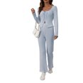 thumbnail image 1 of dGslk Women’s Long Sleeve Striped Knit Top and Flare Pants Two Piece Outfit Set Casual Stretchy Loungewear for Everyday Wear Sky Blue M, 1 of 2