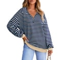 thumbnail image 1 of dGslk Women’s Long Sleeve Striped Pullover Top Casual Half Zip Collar Loose Fit Sweatshirt for Everyday Comfort and Style Black L, 1 of 6