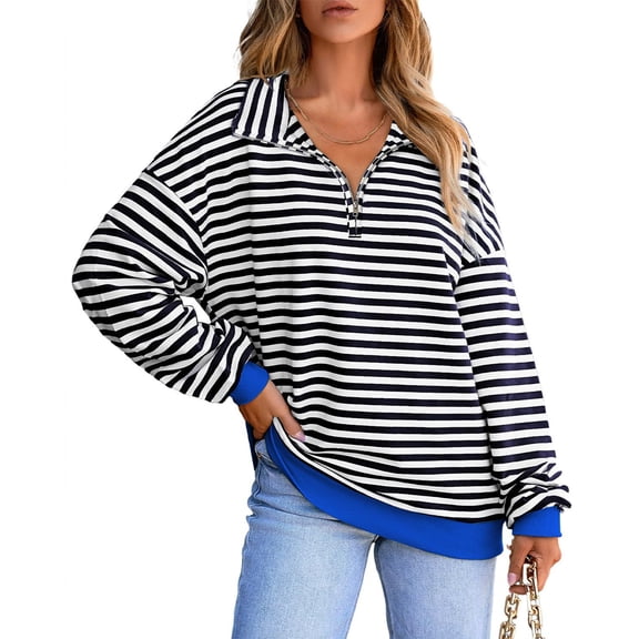 dGslk Women’s Long Sleeve Striped Pullover Top Casual Half Zip Collar Loose Fit Sweatshirt for Everyday Comfort and Style White L