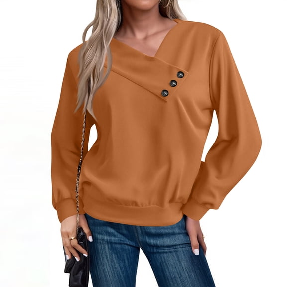 dGslk Women’s Long Sleeve V Neck Pullover Sweatshirt with Decorative Button Detail Casual Loose Fit Soft Top for Everyday Wear Ginger 2XL