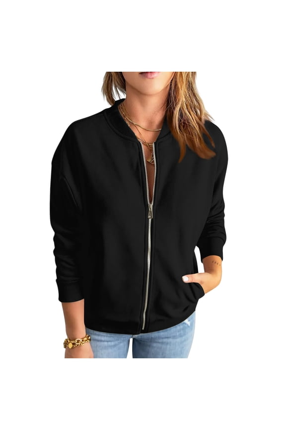 Women’s Long Sleeve Zip Up Casual Bomber Jacket Lightweight Crew Neck Sweatshirt Loose Fit Outerwear Top Black 2XL