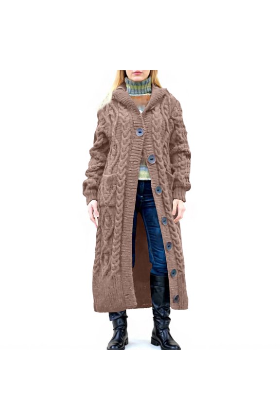 Women's Loose Button Pocket Cable Knitted Mid-length Coat Brown S
