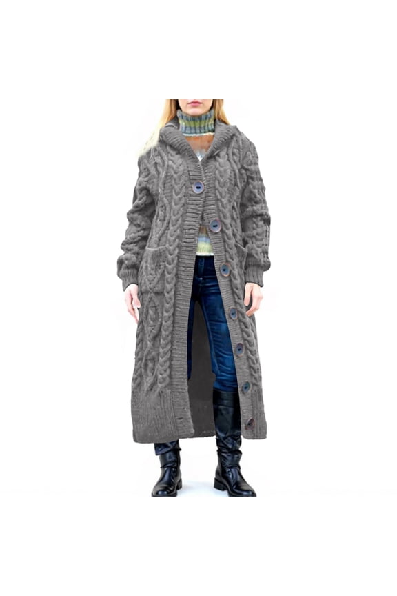 Women's Loose Button Pocket Cable Knitted Mid-length Coat Gray M