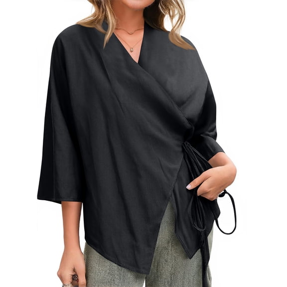 dGslk Women’s Loose Fit V Neck Wrap Blouse with Adjustable Waist Tie and 3/4 Sleeve Lightweight Casual Top for Work and Daily Wear Black M