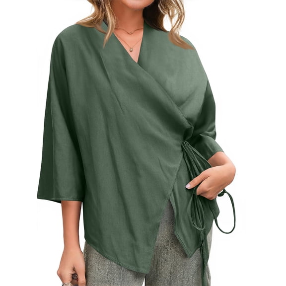 dGslk Women’s Loose Fit V Neck Wrap Blouse with Adjustable Waist Tie and 3/4 Sleeve Lightweight Casual Top for Work and Daily Wear Dark Green M