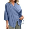 thumbnail image 1 of dGslk Women’s Loose Fit V Neck Wrap Blouse with Adjustable Waist Tie and 3/4 Sleeve Lightweight Casual Top for Work and Daily Wear Sky Blue XL, 1 of 4