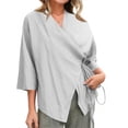 thumbnail image 1 of dGslk Women’s Loose Fit V Neck Wrap Blouse with Adjustable Waist Tie and 3/4 Sleeve Lightweight Casual Top for Work and Daily Wear White M, 1 of 4