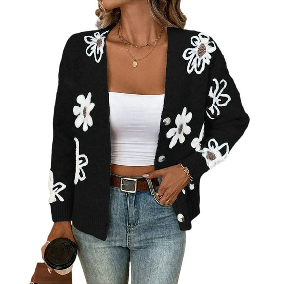 dGslk Women's New Autum And Winter Flower Pattern Button Front Cardigan Sweater Coat Black L