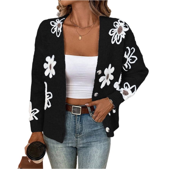 dGslk Women's New Autum And Winter Flower Pattern Button Front Cardigan Sweater Coat Black M
