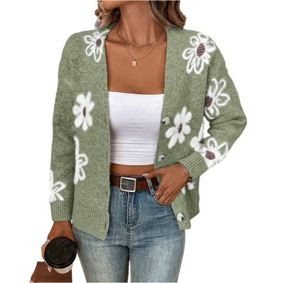 dGslk Women's New Autum And Winter Flower Pattern Button Front Cardigan Sweater Coat Green L